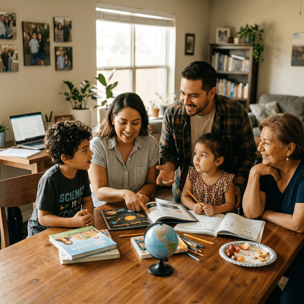 Family gathered around table reading and discussing books with a globe